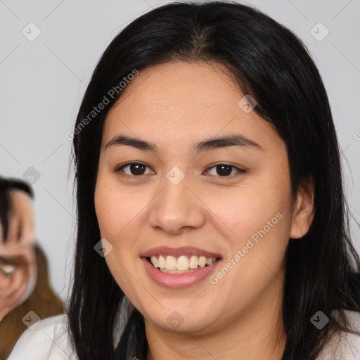 Joyful latino young-adult female with medium  brown hair and brown eyes