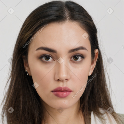 Neutral white young-adult female with long  brown hair and brown eyes