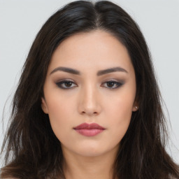 Neutral asian young-adult female with long  brown hair and brown eyes