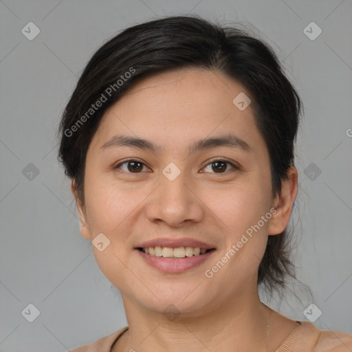 Joyful white young-adult female with medium  brown hair and brown eyes