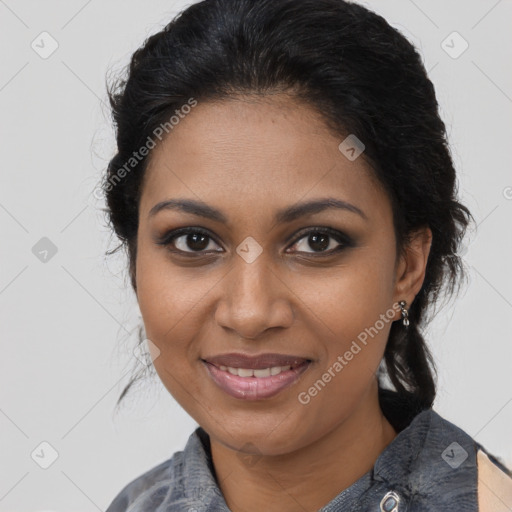 Joyful black young-adult female with medium  brown hair and brown eyes