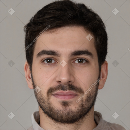 Neutral white young-adult male with short  brown hair and brown eyes