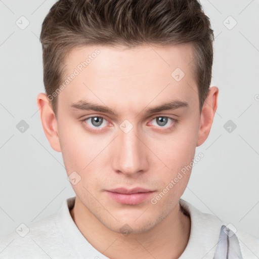 Neutral white young-adult male with short  brown hair and brown eyes