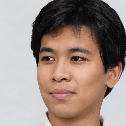 Joyful asian young-adult male with short  black hair and brown eyes