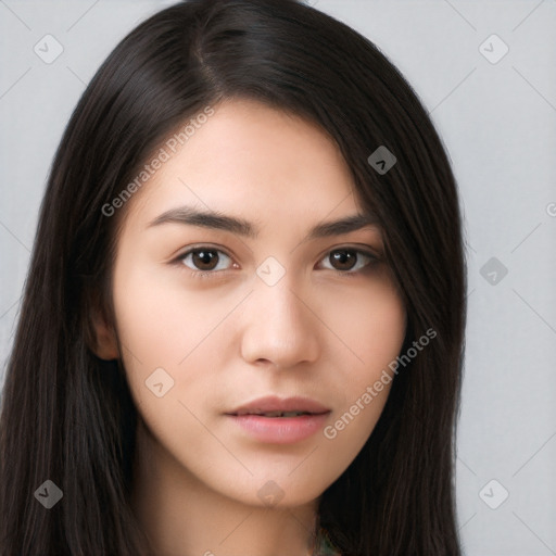 Neutral white young-adult female with long  brown hair and brown eyes