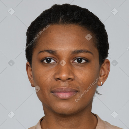 Neutral black young-adult female with short  black hair and brown eyes