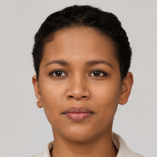 Neutral latino young-adult female with short  black hair and brown eyes
