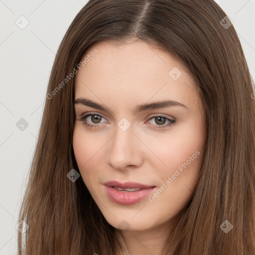 Neutral white young-adult female with long  brown hair and brown eyes