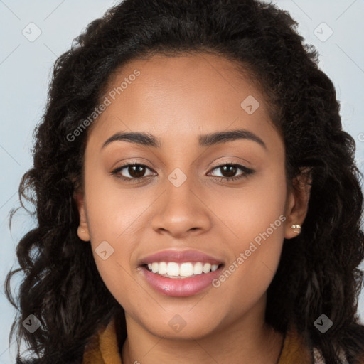 Joyful latino young-adult female with long  brown hair and brown eyes