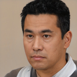 Neutral asian young-adult male with short  black hair and brown eyes