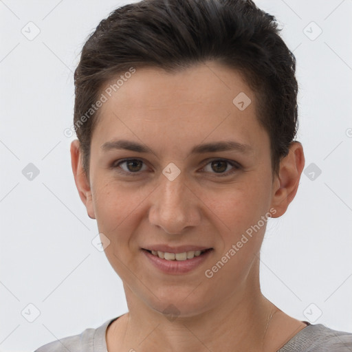 Joyful white young-adult female with short  brown hair and brown eyes