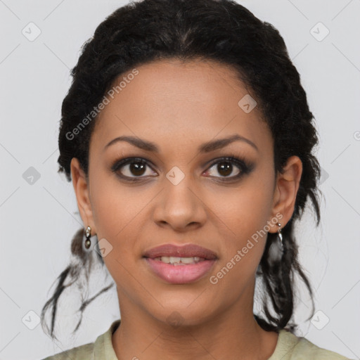 Joyful latino young-adult female with medium  black hair and brown eyes