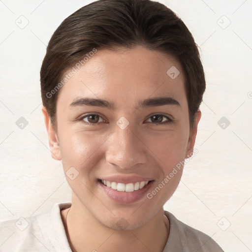 Joyful white young-adult female with short  brown hair and brown eyes