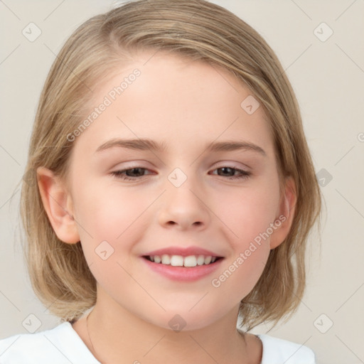 Joyful white child female with medium  brown hair and brown eyes