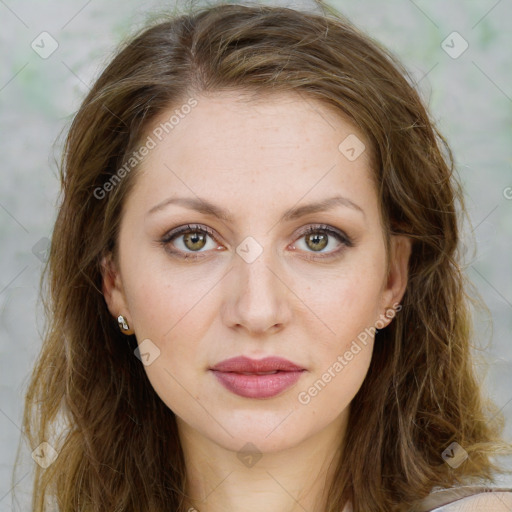 Joyful white young-adult female with long  brown hair and green eyes