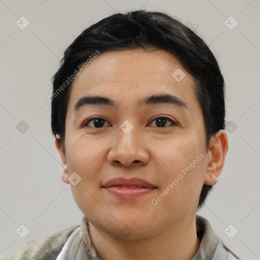 Joyful latino young-adult male with short  brown hair and brown eyes