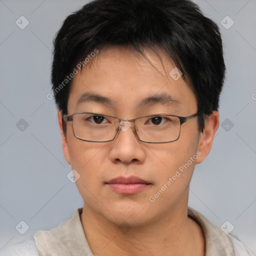 Neutral asian young-adult male with short  brown hair and brown eyes