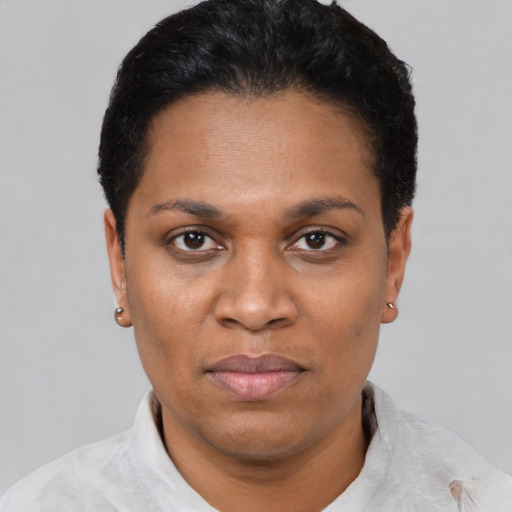 Joyful latino adult female with short  black hair and brown eyes