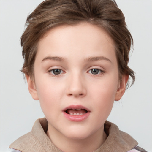 Neutral white child female with short  brown hair and grey eyes