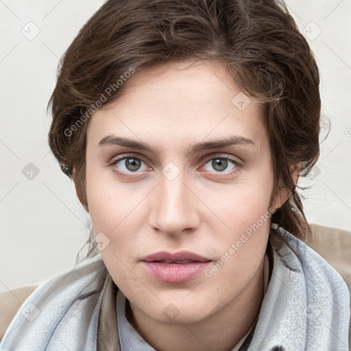 Neutral white young-adult female with medium  brown hair and blue eyes