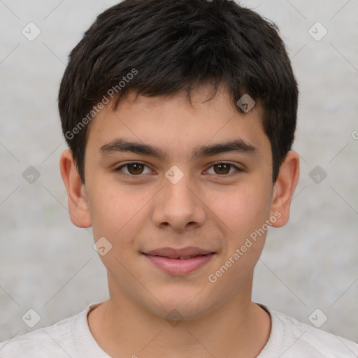 Joyful white child male with short  brown hair and brown eyes