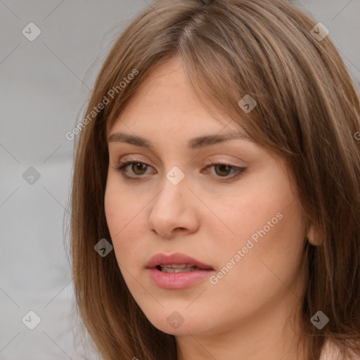 Neutral white young-adult female with medium  brown hair and brown eyes