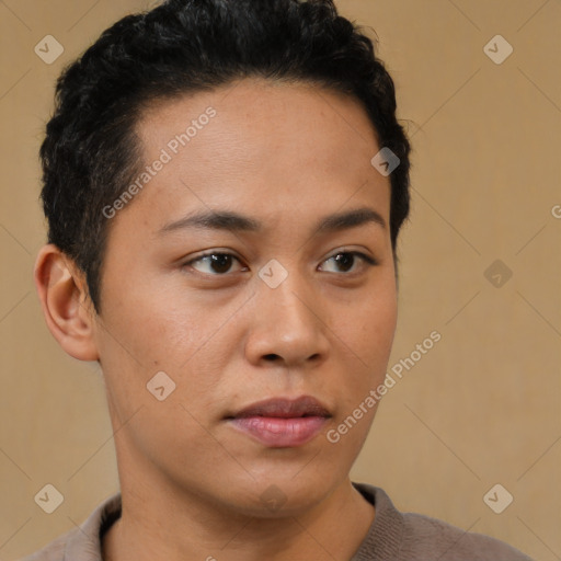 Neutral latino young-adult male with short  brown hair and brown eyes