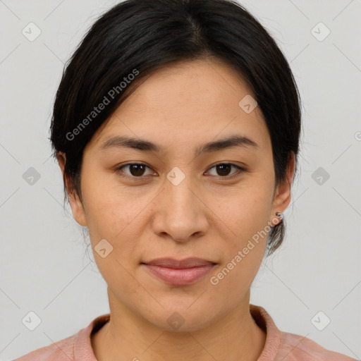 Joyful asian young-adult female with medium  brown hair and brown eyes