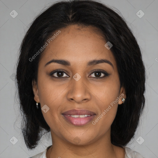 Joyful black young-adult female with medium  brown hair and brown eyes