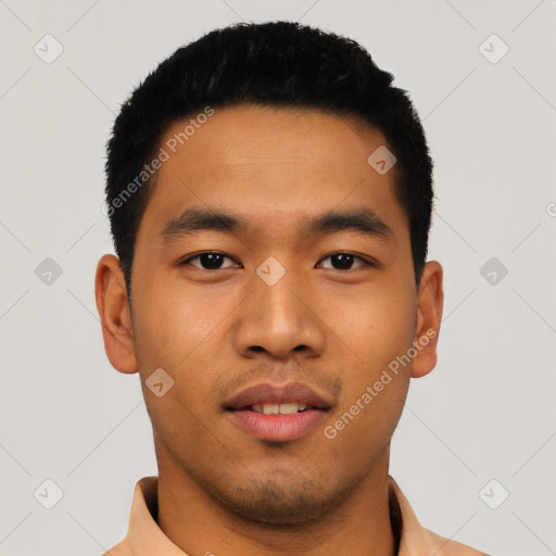 Neutral asian young-adult male with short  black hair and brown eyes