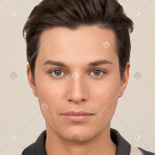 Neutral white young-adult male with short  brown hair and brown eyes