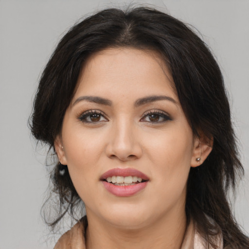 Joyful white young-adult female with long  brown hair and brown eyes