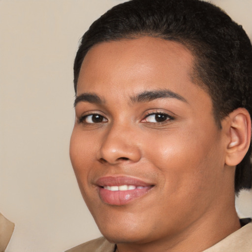 Joyful white young-adult female with short  black hair and brown eyes