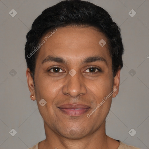 Joyful latino adult male with short  black hair and brown eyes