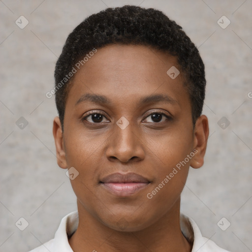 Joyful black young-adult female with short  brown hair and brown eyes