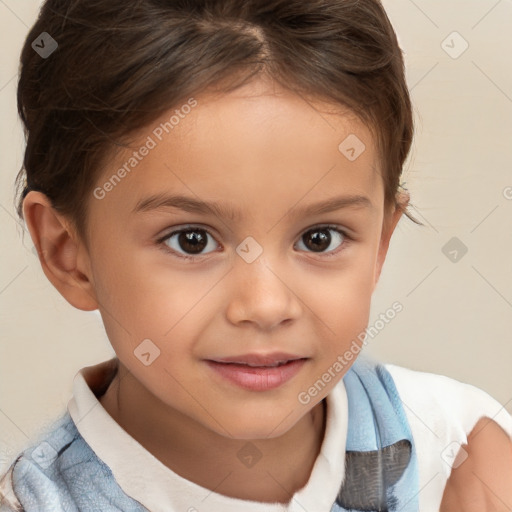 Joyful white child female with short  brown hair and brown eyes