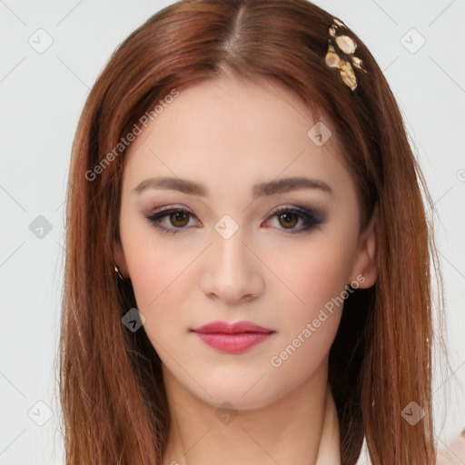 Neutral white young-adult female with long  brown hair and brown eyes