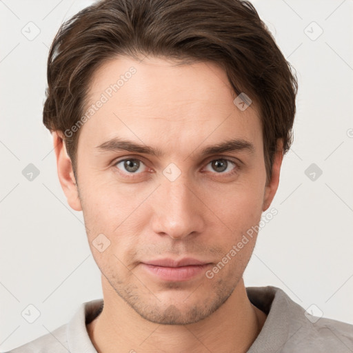 Neutral white young-adult male with short  brown hair and grey eyes