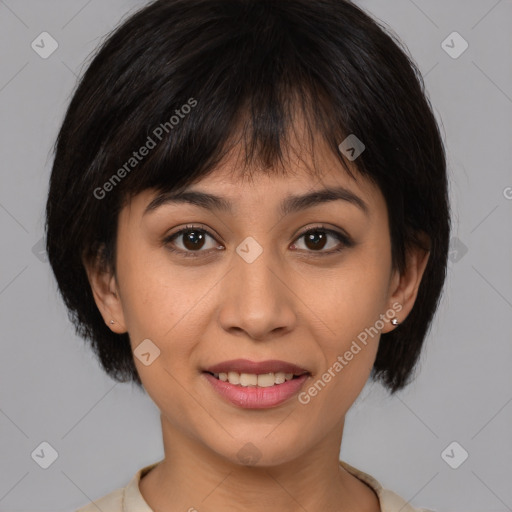 Joyful asian young-adult female with medium  brown hair and brown eyes