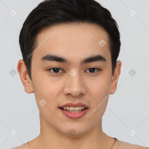 Joyful latino young-adult male with short  brown hair and brown eyes