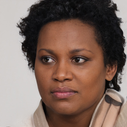 Neutral black young-adult female with short  brown hair and brown eyes