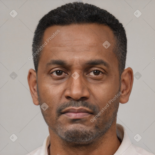 Neutral latino adult male with short  black hair and brown eyes