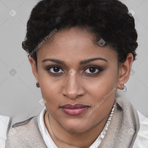 Joyful latino young-adult female with short  brown hair and brown eyes