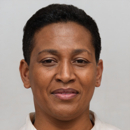 Joyful latino adult female with short  brown hair and brown eyes