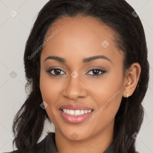 Joyful latino young-adult female with long  brown hair and brown eyes