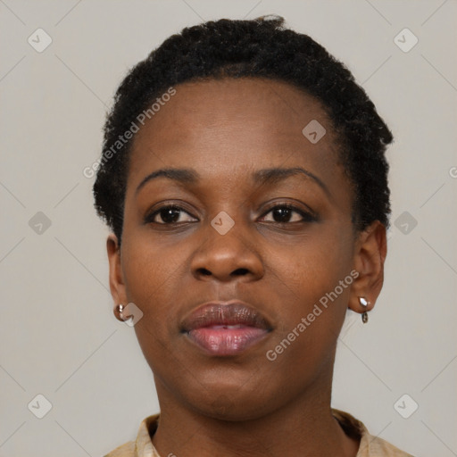 Neutral black young-adult female with short  brown hair and brown eyes