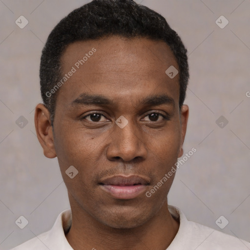 Neutral black young-adult male with short  black hair and brown eyes