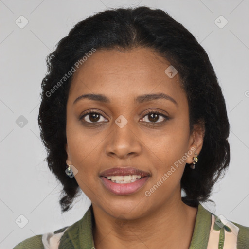 Joyful black young-adult female with medium  black hair and brown eyes