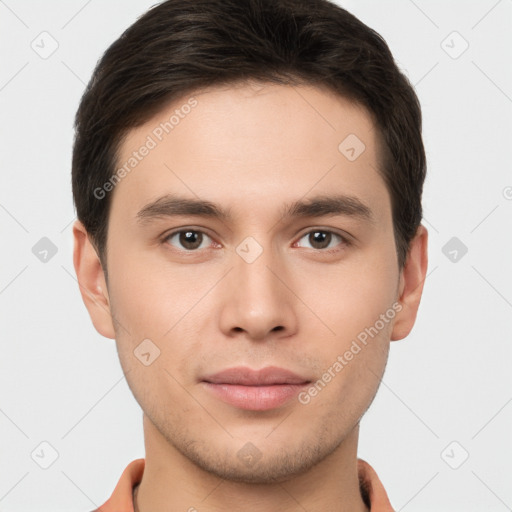 Neutral white young-adult male with short  brown hair and brown eyes