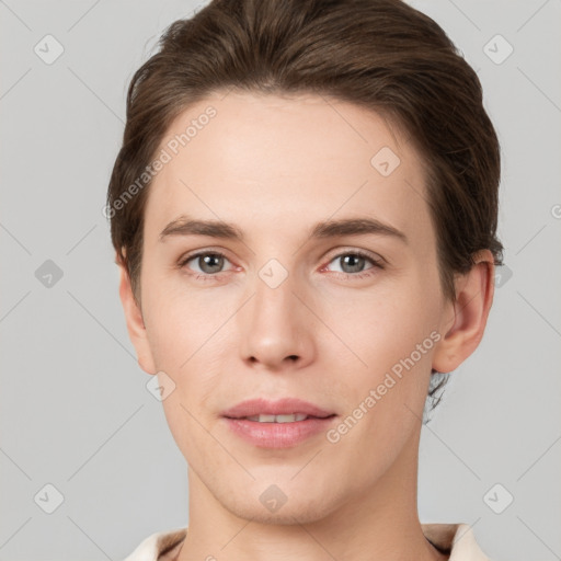 Neutral white young-adult female with short  brown hair and brown eyes